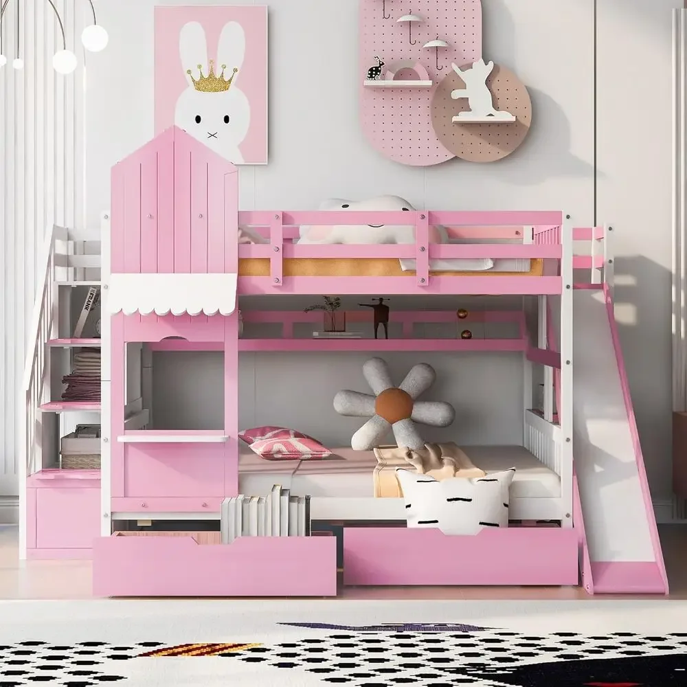 Bunk Bed With Stairs And Slide - Детская двухъярусная кровать с лестницей, горкой