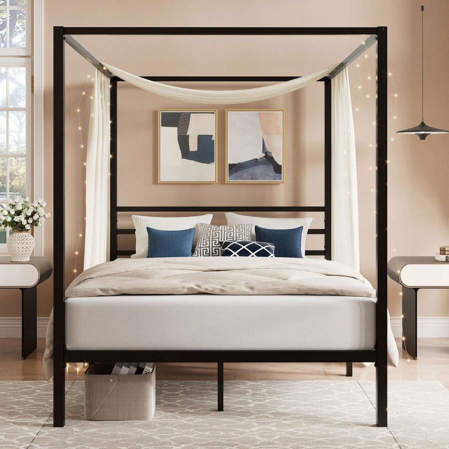 Canopy Bed Frame Metal Queen - Черная кровать-балдахин, размер Full/Queen, металлическая кровать-платформа