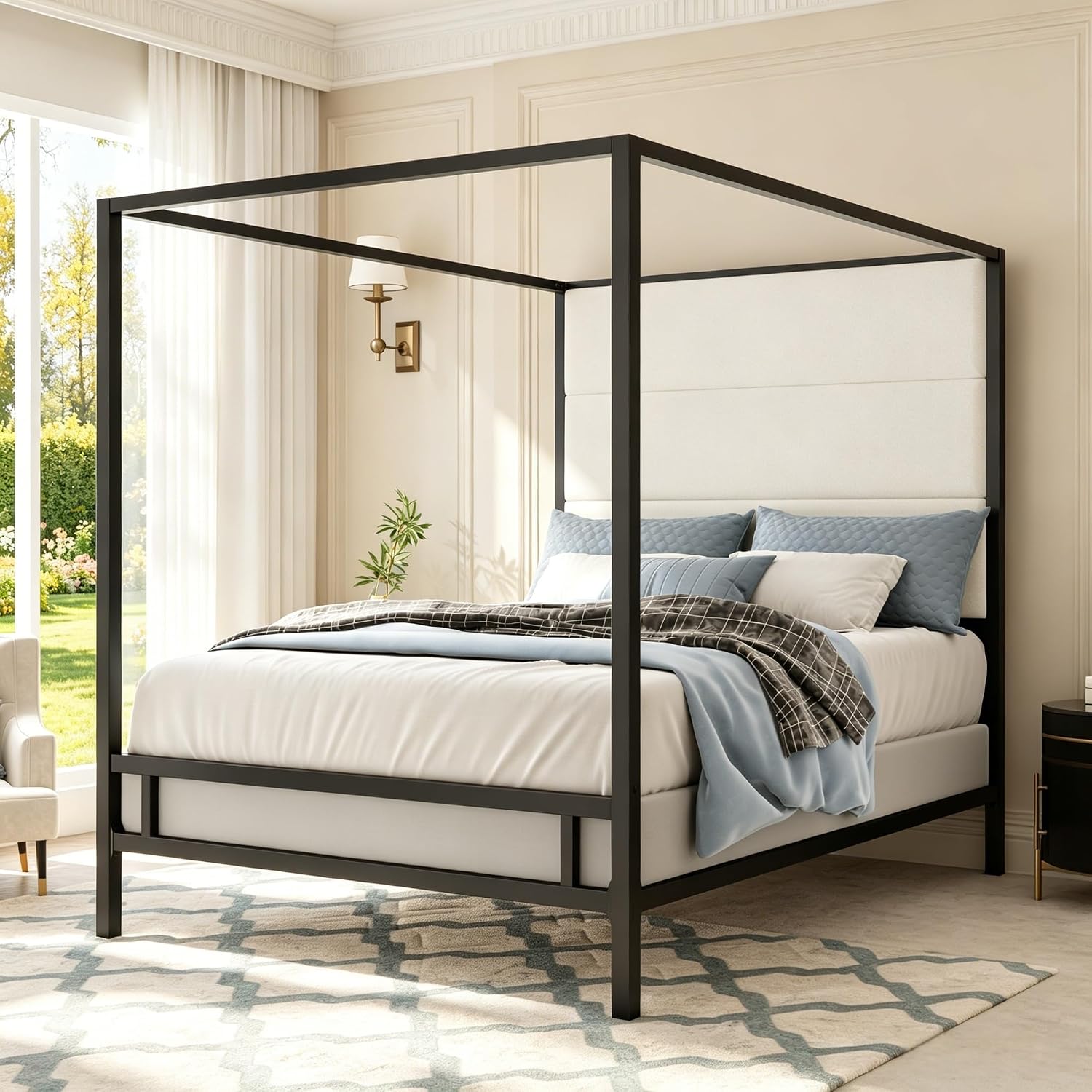 Canopy Bed Frame Metal Queen - Кровать-королева с балдахином, высокая, с бархатной