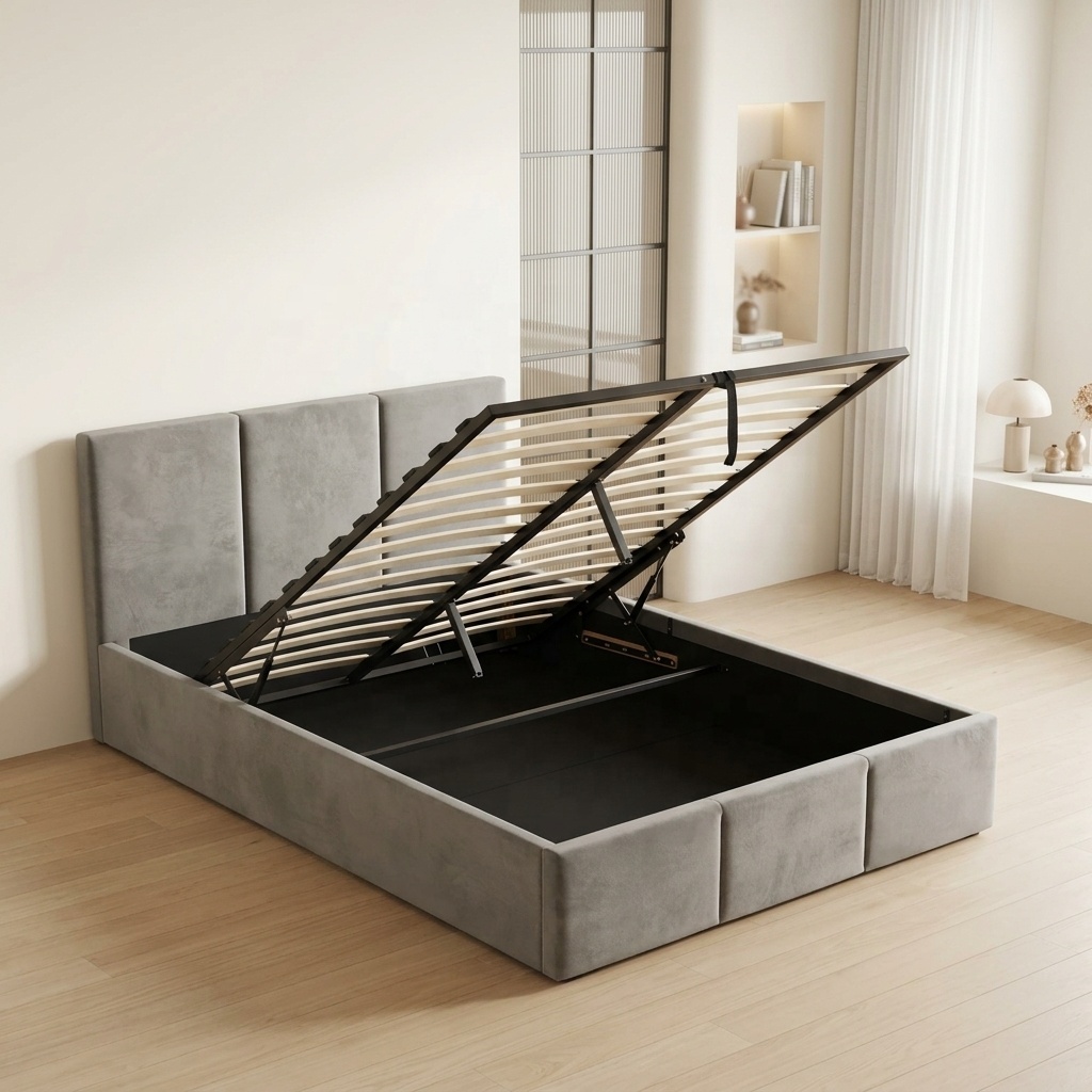 Gas Lift Storage Bed Hydraulic - Бесплатный образец: Современная мягкая кровать-платформа из