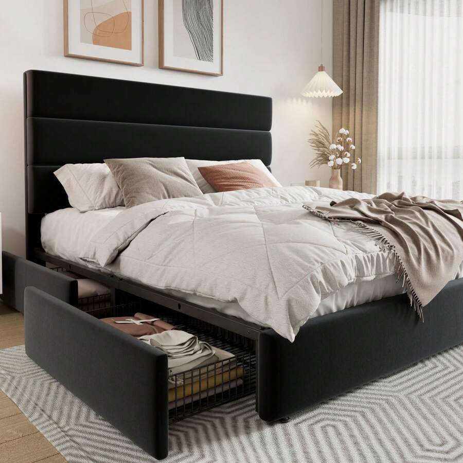 King Size Bed Frame With Storage Drawers - Кровать-платформа размера Full/Queen/King с 4 выдвижными