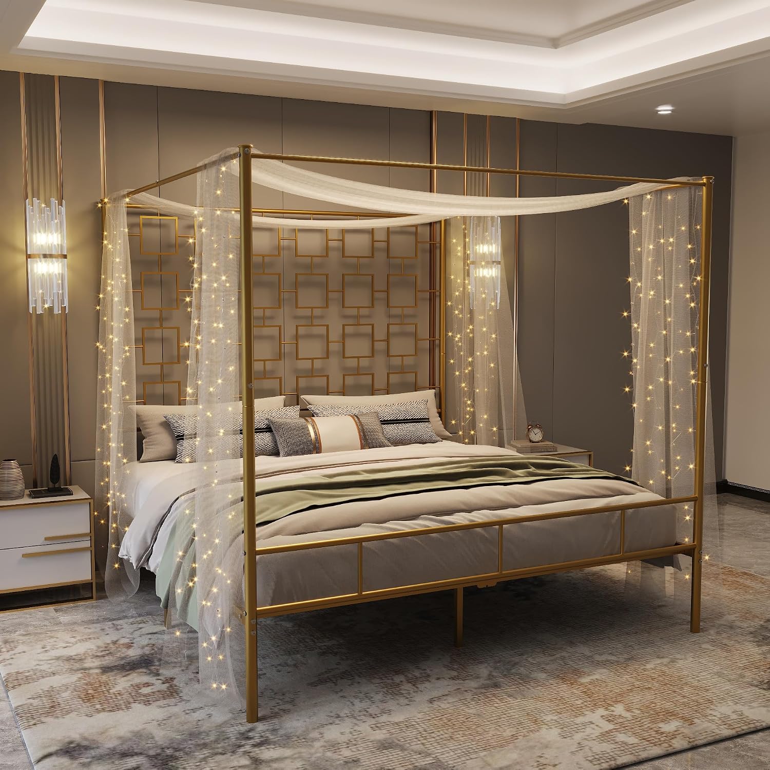 Canopy Bed Frame Metal Queen - Кровать-королева с балдахином, металлическая платформа с