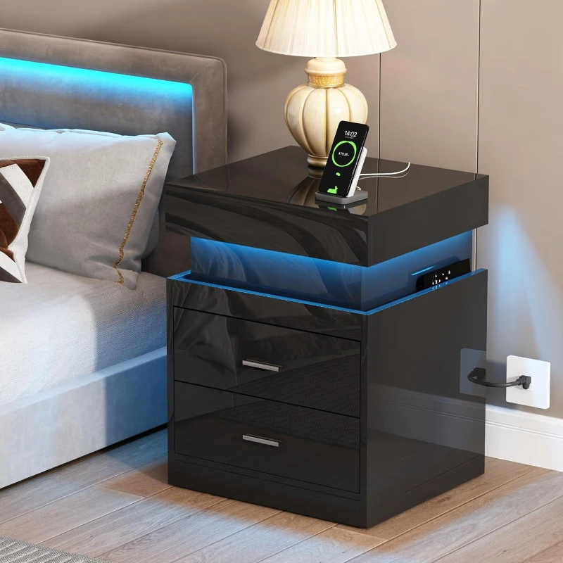 Solid Wood Nightstand 2 Drawers - Светодиодный прикроватный столик с зарядной станцией,