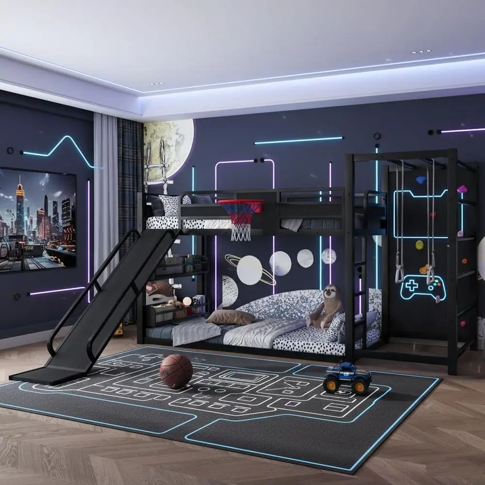 Bunk Bed With Stairs And Slide - Двухъярусная металлическая кровать с баскетбольным кольцом,
